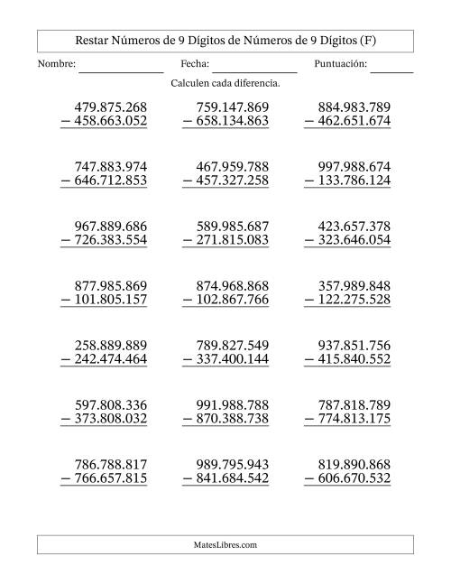 La hoja de ejercicios de Restar números de 9 dígitos de números de 9 dígitos, sin acarreo (21 preguntas) (Punto como separador de millares) (F)