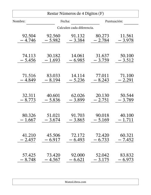 La hoja de ejercicios de Restar números de 4 dígitos con acarreo en todas las preguntas (35 preguntas) (Punto como separador de millares) (F)