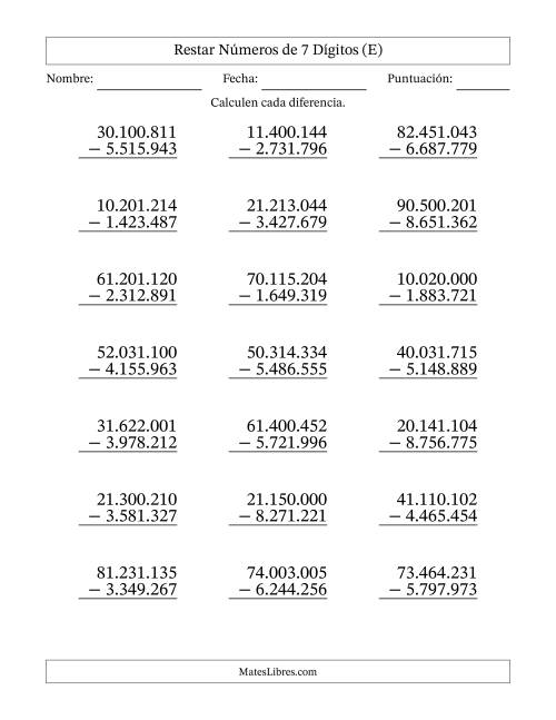 La hoja de ejercicios de Restar números de 7 dígitos con acarreo en todas las preguntas (21 preguntas) (Punto como separador de millares) (E)