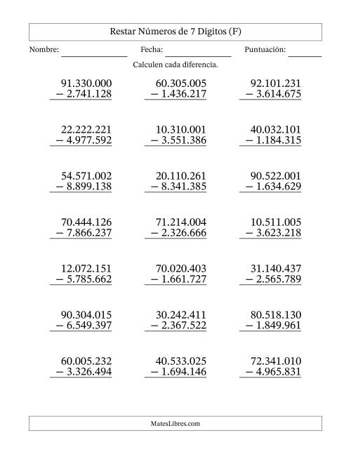 La hoja de ejercicios de Restar números de 7 dígitos con acarreo en todas las preguntas (21 preguntas) (Punto como separador de millares) (F)