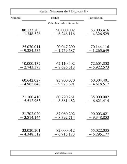 La hoja de ejercicios de Restar números de 7 dígitos con acarreo en todas las preguntas (21 preguntas) (Punto como separador de millares) (H)