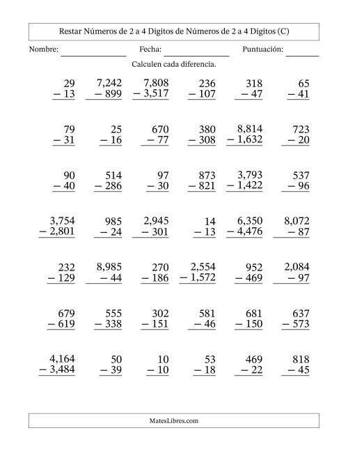 La hoja de ejercicios de Restar números de 2 a 4 dígitos de números de 2 a 4 dígitos, con acarreo en algunas preguntas (42 preguntas) (Coma como separador de millares) (C)