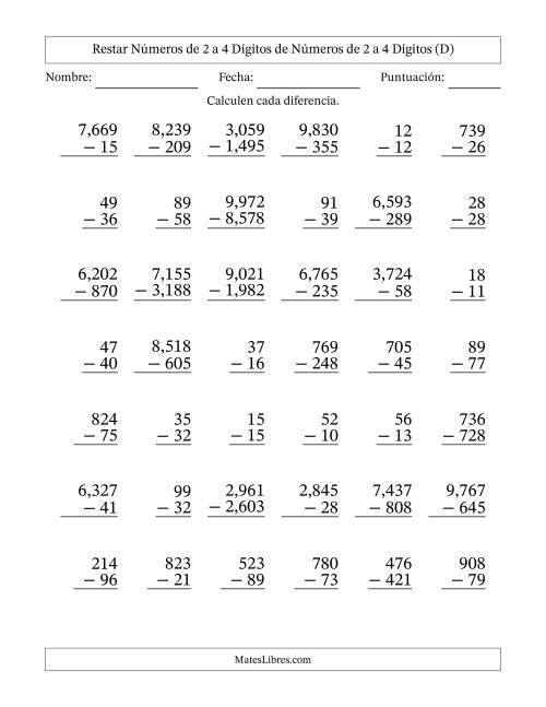 La hoja de ejercicios de Restar números de 2 a 4 dígitos de números de 2 a 4 dígitos, con acarreo en algunas preguntas (42 preguntas) (Coma como separador de millares) (D)