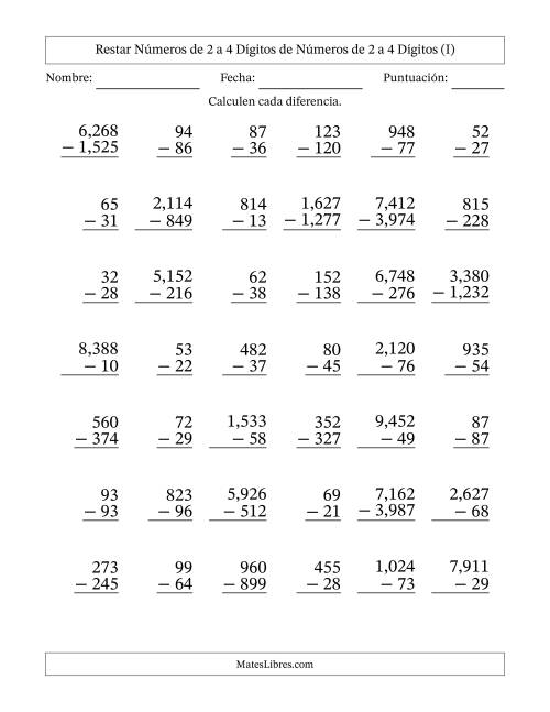 La hoja de ejercicios de Restar números de 2 a 4 dígitos de números de 2 a 4 dígitos, con acarreo en algunas preguntas (42 preguntas) (Coma como separador de millares) (I)