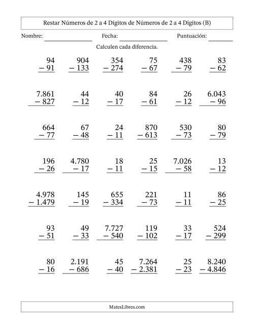 La hoja de ejercicios de Restar números de 2 a 4 dígitos de números de 2 a 4 dígitos, con acarreo en algunas preguntas (42 preguntas) (Punto como separador de millares) (B)
