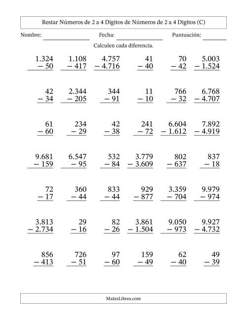 La hoja de ejercicios de Restar números de 2 a 4 dígitos de números de 2 a 4 dígitos, con acarreo en algunas preguntas (42 preguntas) (Punto como separador de millares) (C)