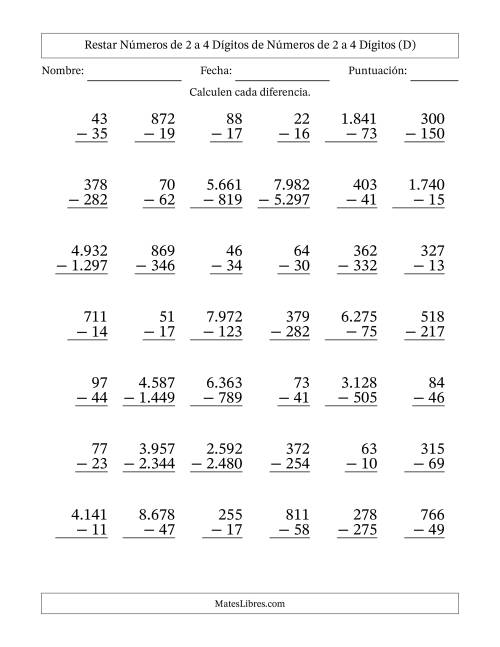 La hoja de ejercicios de Restar números de 2 a 4 dígitos de números de 2 a 4 dígitos, con acarreo en algunas preguntas (42 preguntas) (Punto como separador de millares) (D)