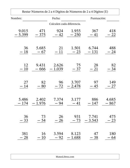 La hoja de ejercicios de Restar números de 2 a 4 dígitos de números de 2 a 4 dígitos, con acarreo en algunas preguntas (42 preguntas) (Punto como separador de millares) (E)