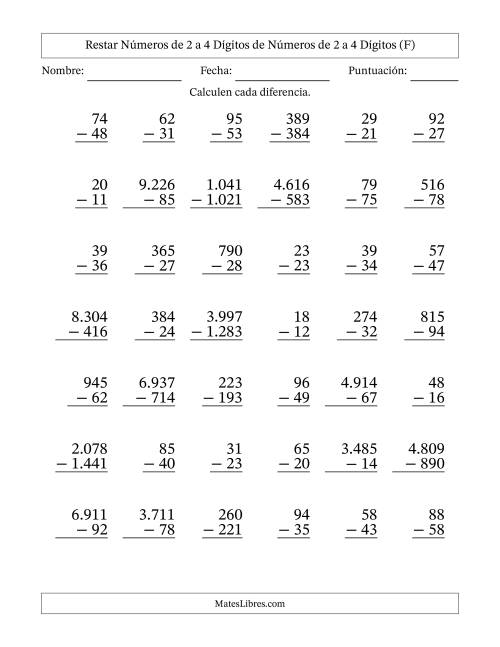 La hoja de ejercicios de Restar números de 2 a 4 dígitos de números de 2 a 4 dígitos, con acarreo en algunas preguntas (42 preguntas) (Punto como separador de millares) (F)