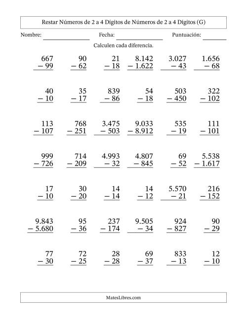 La hoja de ejercicios de Restar números de 2 a 4 dígitos de números de 2 a 4 dígitos, con acarreo en algunas preguntas (42 preguntas) (Punto como separador de millares) (G)