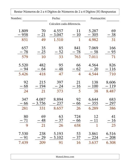 La hoja de ejercicios de Restar números de 2 a 4 dígitos de números de 2 a 4 dígitos, con acarreo en algunas preguntas (42 preguntas) (Punto como separador de millares) (H) Página 2