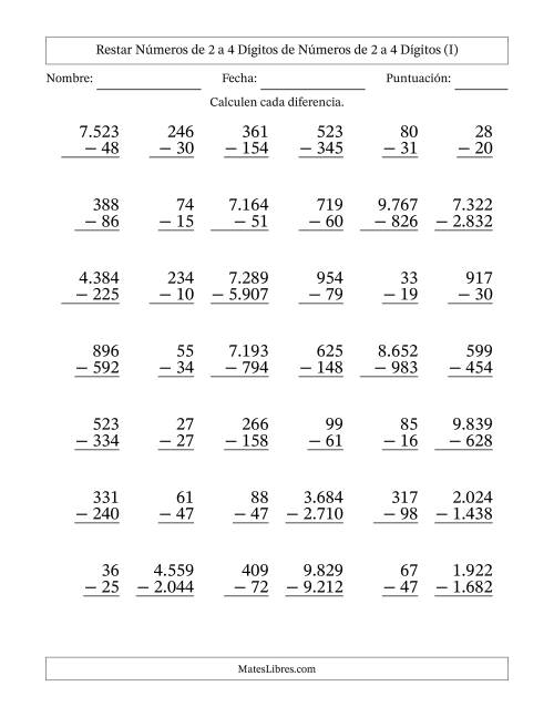 La hoja de ejercicios de Restar números de 2 a 4 dígitos de números de 2 a 4 dígitos, con acarreo en algunas preguntas (42 preguntas) (Punto como separador de millares) (I)