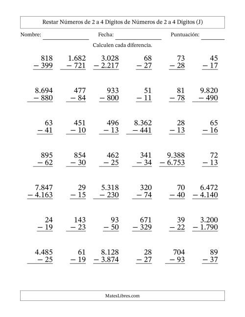La hoja de ejercicios de Restar números de 2 a 4 dígitos de números de 2 a 4 dígitos, con acarreo en algunas preguntas (42 preguntas) (Punto como separador de millares) (J)