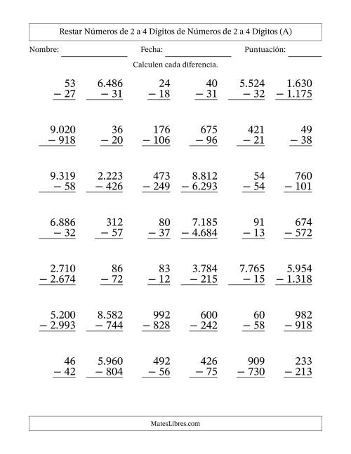 La hoja de ejercicios de Restar números de 2 a 4 dígitos de números de 2 a 4 dígitos, con acarreo en algunas preguntas (42 preguntas) (Punto como separador de millares) (Todas)