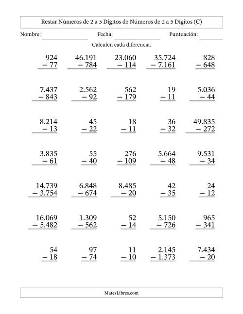 La hoja de ejercicios de Restar números de 2 a 5 dígitos de números de 2 a 5 dígitos, con acarreo en algunas preguntas (35 preguntas) (Punto como separador de millares) (C)