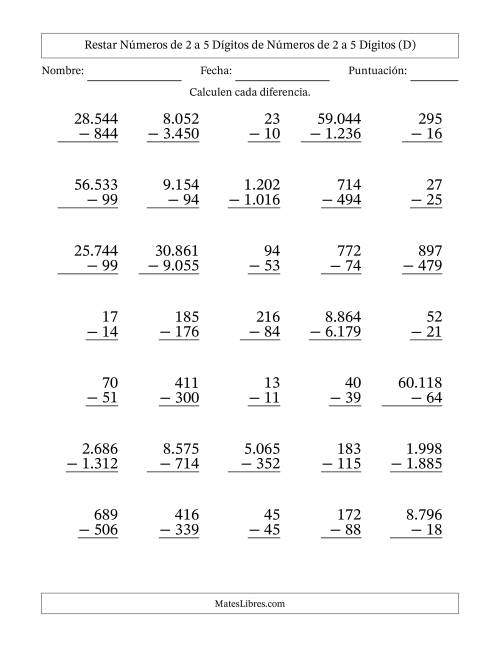 La hoja de ejercicios de Restar números de 2 a 5 dígitos de números de 2 a 5 dígitos, con acarreo en algunas preguntas (35 preguntas) (Punto como separador de millares) (D)