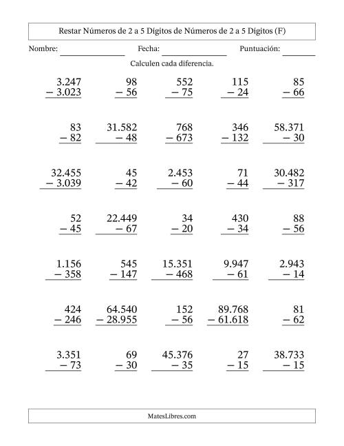 La hoja de ejercicios de Restar números de 2 a 5 dígitos de números de 2 a 5 dígitos, con acarreo en algunas preguntas (35 preguntas) (Punto como separador de millares) (F)