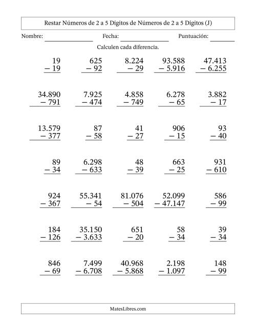 La hoja de ejercicios de Restar números de 2 a 5 dígitos de números de 2 a 5 dígitos, con acarreo en algunas preguntas (35 preguntas) (Punto como separador de millares) (J)
