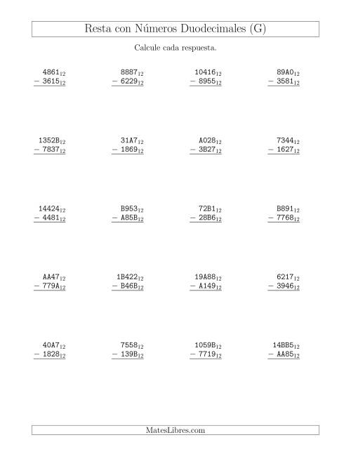 La hoja de ejercicios de Resta con Números Duodecimales (Base 12) (G)