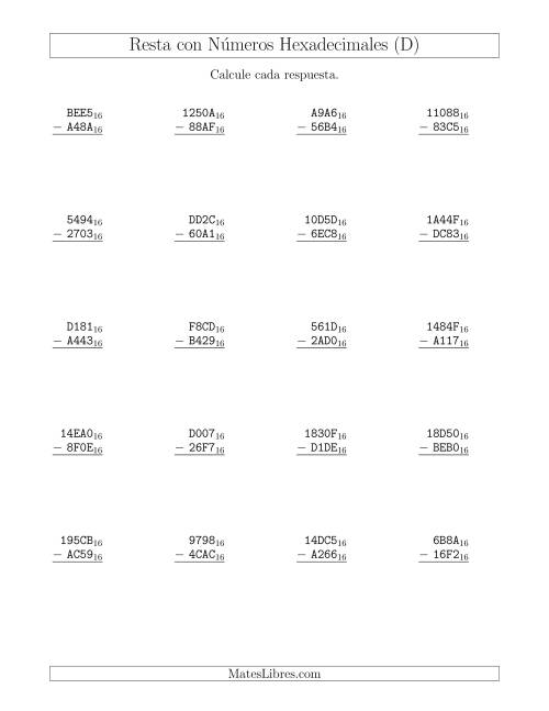 La hoja de ejercicios de Resta con Números Hexadecimales (Base 16) (D)