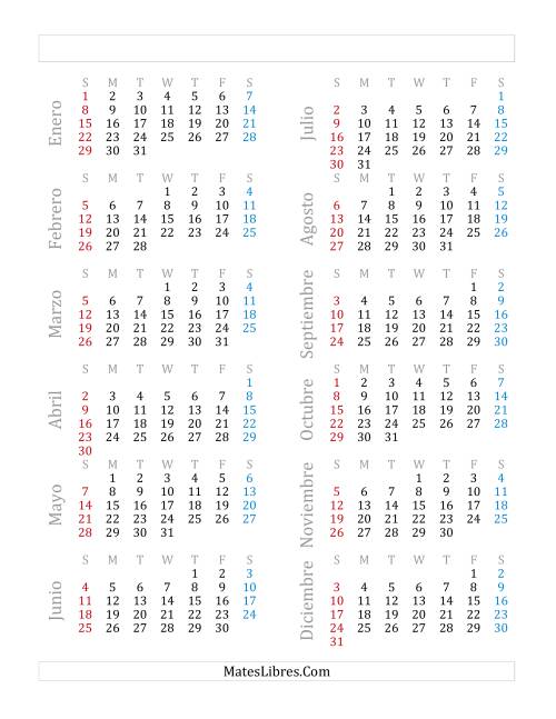 La hoja de ejercicios de Calendario Anual de Años que comienzan en Domingo (A)