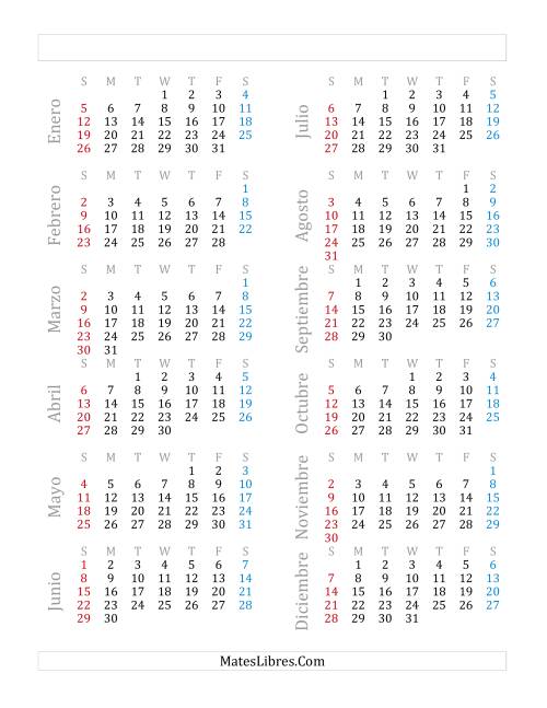 La hoja de ejercicios de Calendario Anual de Años que comienzan en Miércoles (D)