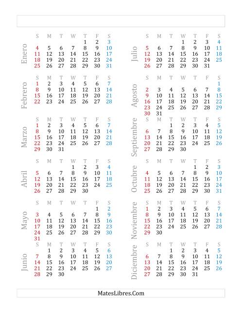 La hoja de ejercicios de Calendario Anual de Años que comienzan en Jueves (E)