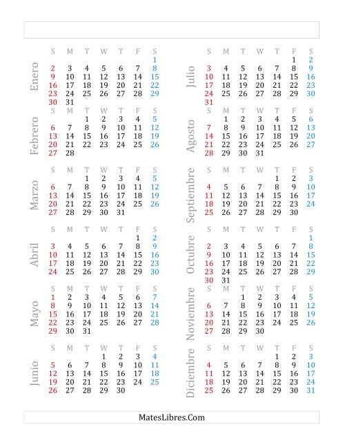 La hoja de ejercicios de Calendario Anual de Años que comienzan en Sábado (G)