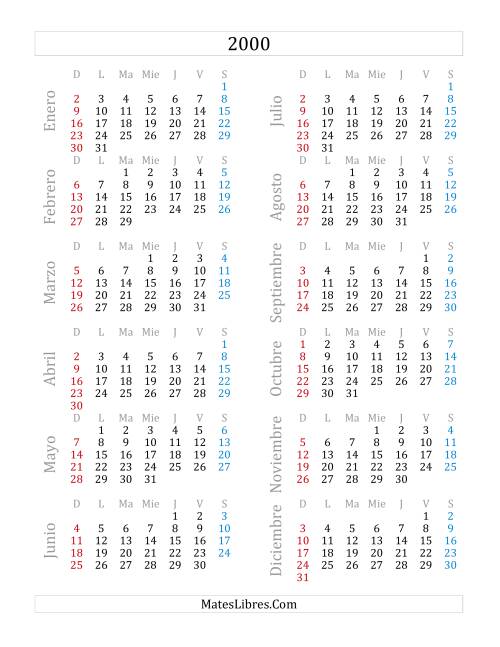 La hoja de ejercicios de Calendario del Año 2000 (A)