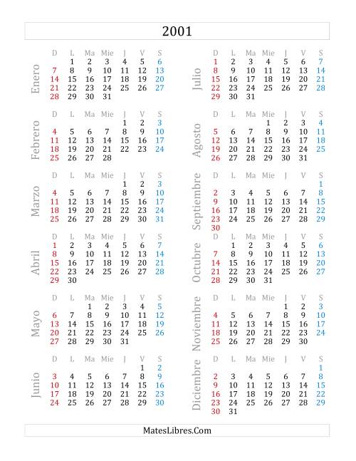 La hoja de ejercicios de Calendario del Año 2001 (A)