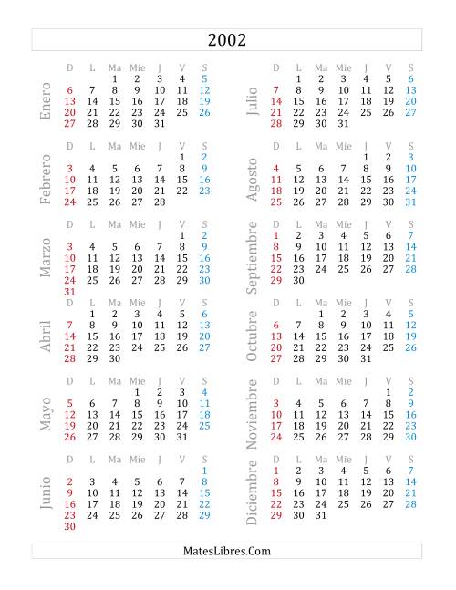 La hoja de ejercicios de Calendario del Año 2002 (A)
