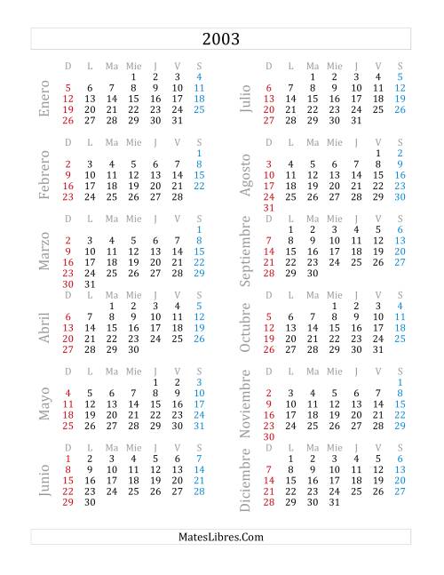 La hoja de ejercicios de Calendario del Año 2003 (A)