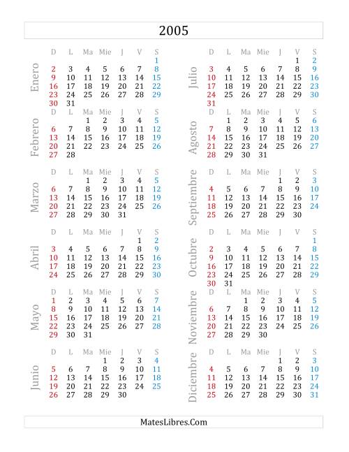 La hoja de ejercicios de Calendario del Año 2005 (A)