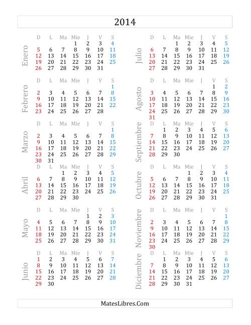 La hoja de ejercicios de Calendario del Año 2014 (A)