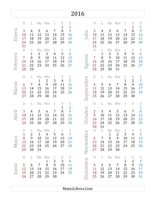 La hoja de ejercicios de Calendario del Año 2016 (A)