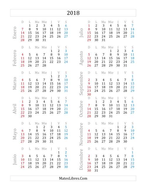 La hoja de ejercicios de Calendario del Año 2018 (A)