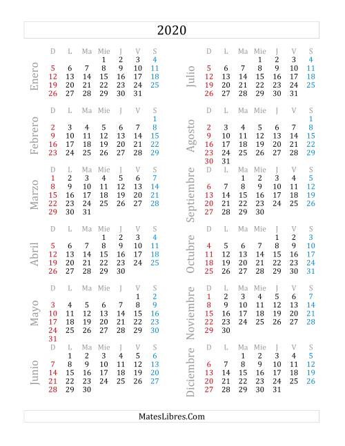 La hoja de ejercicios de Calendario del Año 2020 (A)