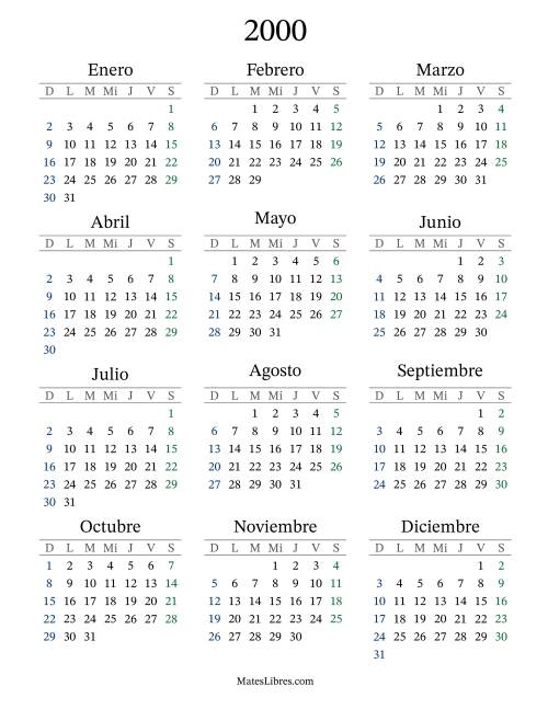 La hoja de ejercicios de Calendario del Año 2000 con el domingo como primer día (2000)