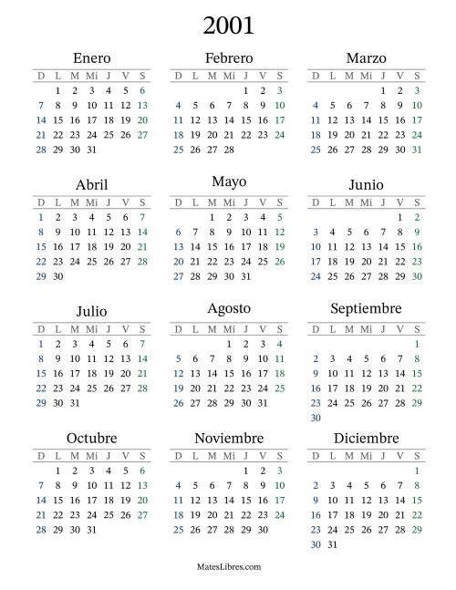 La hoja de ejercicios de Calendario del Año 2001 con el domingo como primer día (2001)