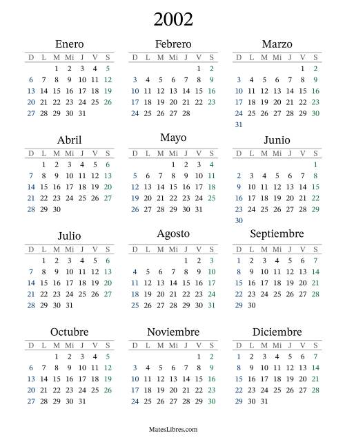 La hoja de ejercicios de Calendario del Año 2002 con el domingo como primer día (2002)