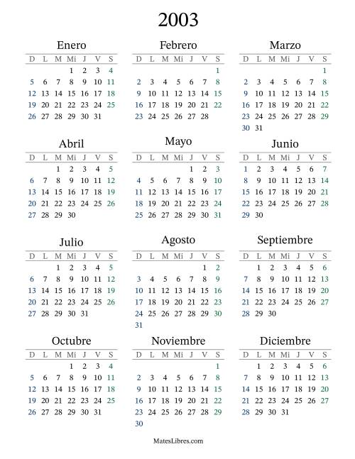La hoja de ejercicios de Calendario del Año 2003 con el domingo como primer día (2003)