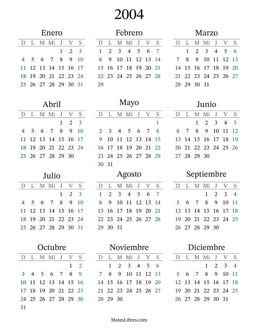 La hoja de ejercicios de Calendario del Año 2004 con el domingo como primer día (2004)