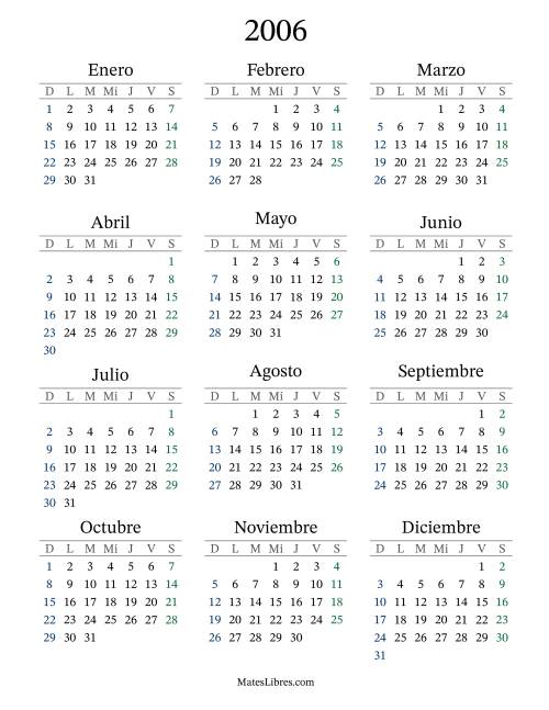 La hoja de ejercicios de Calendario del Año 2006 con el domingo como primer día (2006)
