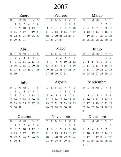 La hoja de ejercicios de Calendario del Año 2007 con el domingo como primer día (2007)