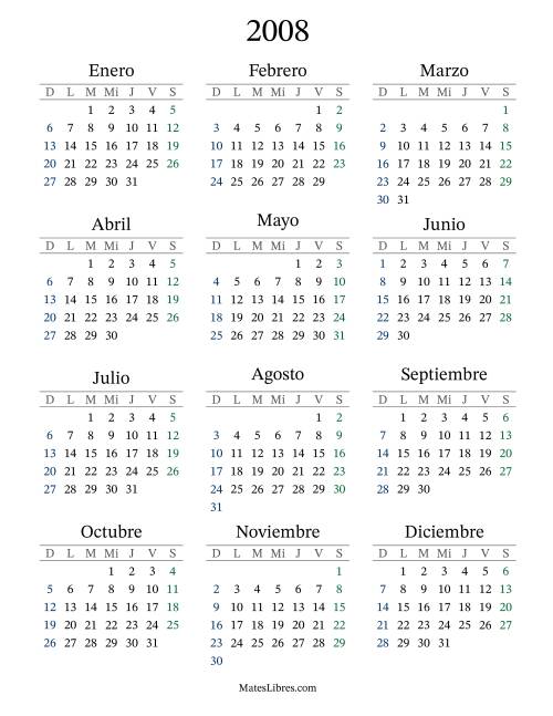 La hoja de ejercicios de Calendario del Año 2008 con el domingo como primer día (2008)