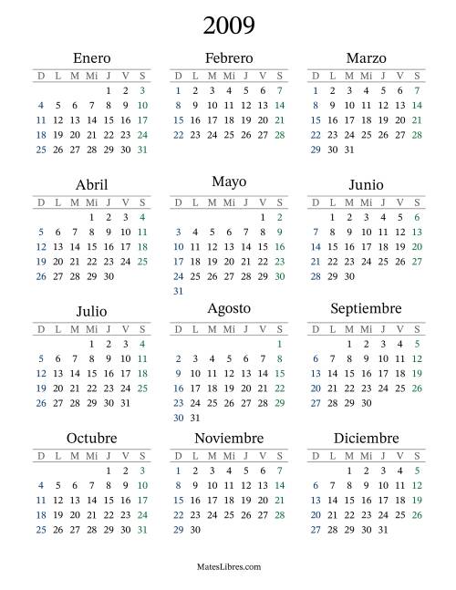 La hoja de ejercicios de Calendario del Año 2009 con el domingo como primer día (2009)