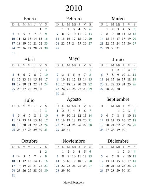 La hoja de ejercicios de Calendario del Año 2010 con el domingo como primer día (2010)