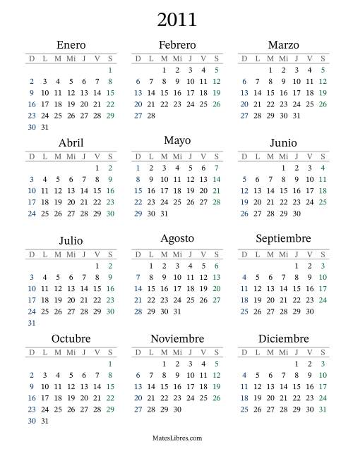 La hoja de ejercicios de Calendario del Año 2011 con el domingo como primer día (2011)