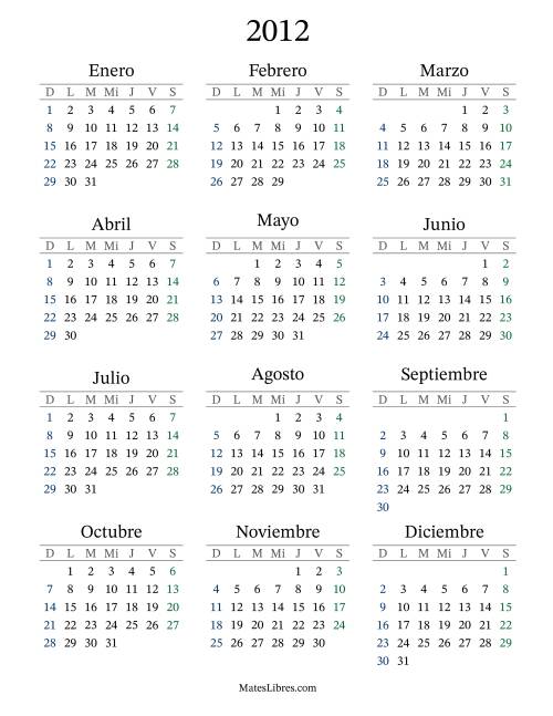 La hoja de ejercicios de Calendario del Año 2012 con el domingo como primer día (2012)