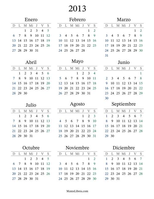 La hoja de ejercicios de Calendario del Año 2013 con el domingo como primer día (2013)